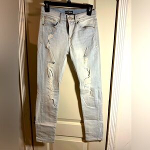 Express jeans, super skinny, mid rise, size 0s/0c, color light blue white